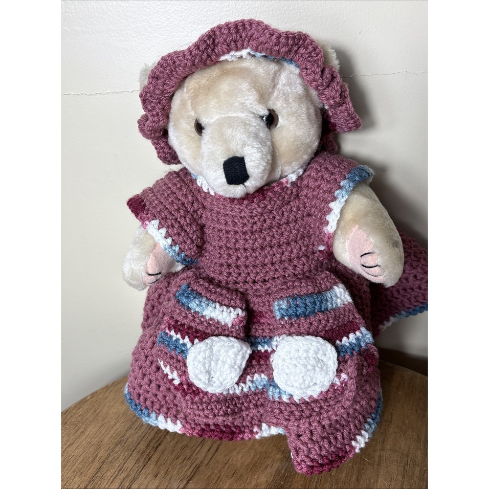 Bear In Handmade Crochet Dress W/ Hat Bear Has Movable Arms & Legs